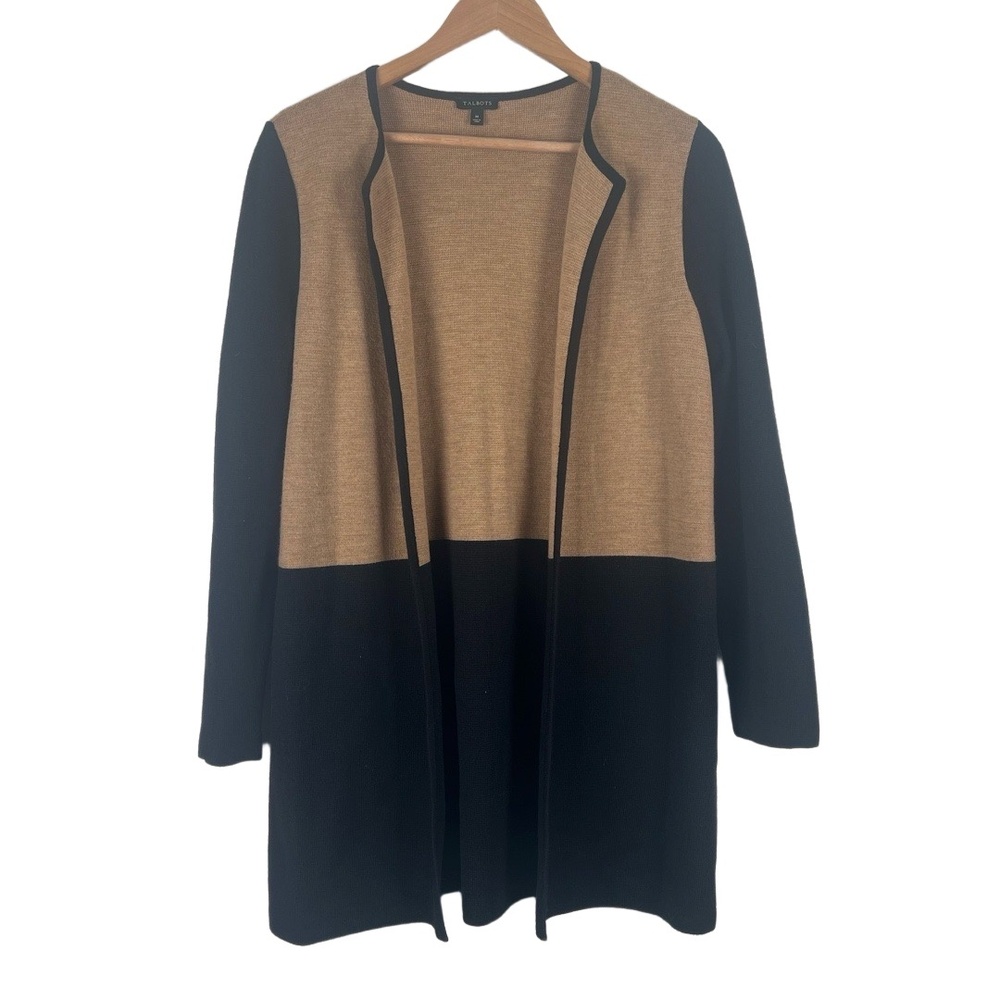 Talbots Womens Cardigan Medium Black Tan Colorblock Open Front Knit Neutral
